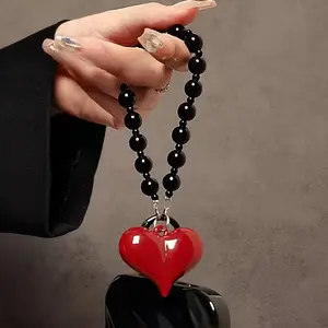 Red Heart Black Beaded Phone Chain, Phone Wrist Strap, DIY Phone, Key, Bag Pendant, Phone Charms, Suitable for Birthday, Christmas, New Year Holiday Gifts