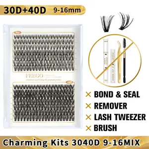 FEEGO Charming 3040D (Only Lash) 9-16mm Eyelash 280pcs Professional Thick Nude Single Lashes for Home DIY Invisible Extension Kit Waterproof Natural Look Reusable wispy volume set Mixed Length Fluffy Clusters Fairy
