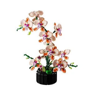 866PCS of  assembled to form a model of an orchid. flowers can be adjusted. petals are in a gradient of light pink and white.  flower core is purple and the flower pot is black. tabletop decoration piece. Ornaments Decorative