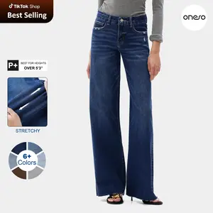 ONESO Mid-Rise High Stretchy BBL Jeans Wide Leg Tummy Control Raw Hem Denim Pants Womenswear Bottom Comfortable Denim Jeans
