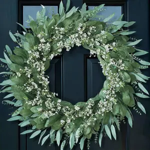 20-inch eucalyptus and baby's breath wreath for front doors - Large artificial synthetic greenery outdoor wreath suitable for porches, windows, farmhouses, and homes; hanging decoration - suitable for spring, summer, and all seasons (green and white).