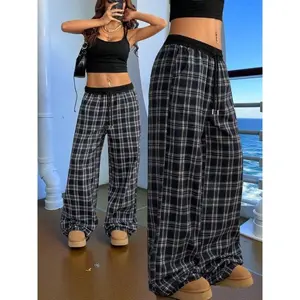 Women’s high-waisted plaid wide-leg pants, casual loose fit with an elastic waistband, color-block design, suitable for all seasons