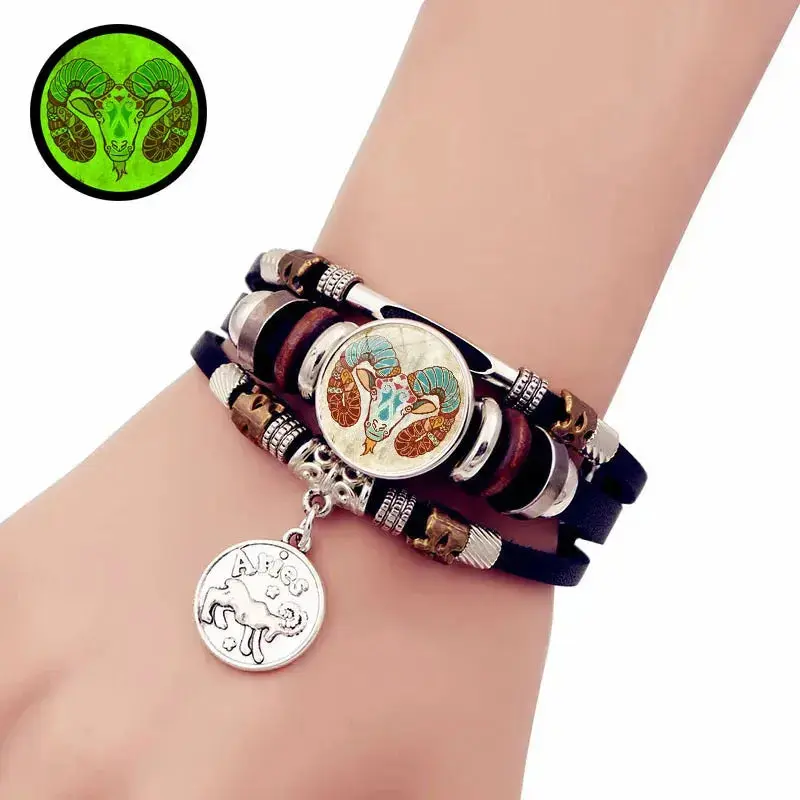 Retro Punk Leather Constellation Button Bracelet - Adjustable Glow Bracelet for Couples and Students