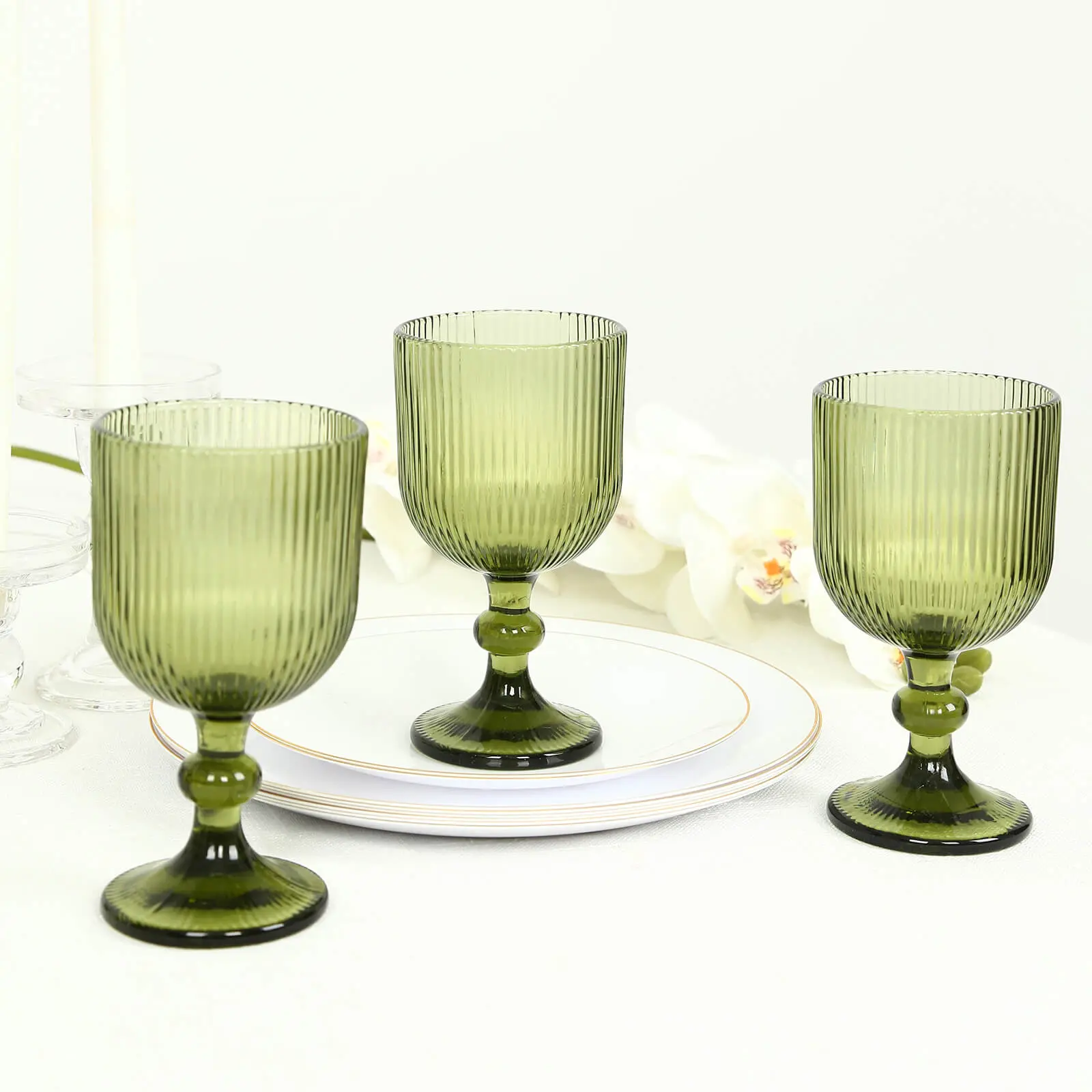 6 Pack Vintage Ribbed Wine Glasses – 13oz Dusty Sage Green Glass Goblets with Ball Stem Accent