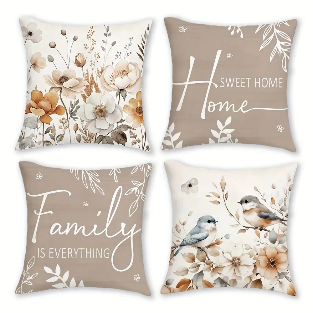 4pcs-Spring Themed Throw Pillow Covers, Floral and Bird Design, Home Décor Products, Suitable for Couch Sofa, Room Decor and Bedroom Decor, Suitable for Spring Decoration, 2D Flat, Single Sided Printing, No Pillow Core