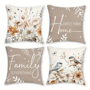 4pcs-Spring Themed Throw Pillow Covers, Floral and Bird Design, Home Décor Products, Suitable for Couch Sofa, Room Decor and Bedroom Decor, Suitable for Spring Decoration, 2D Flat, Single Sided Printing, No Pillow Core