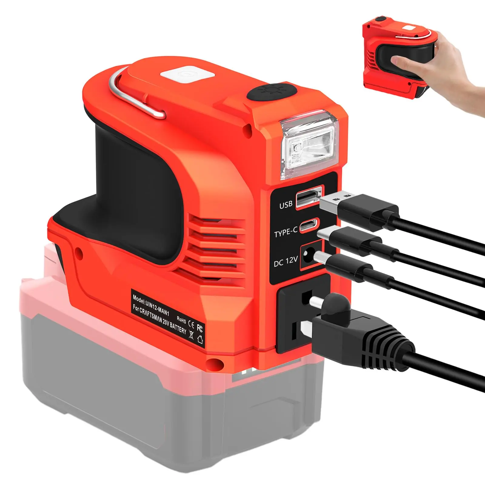 220W Power Inverter for Craftsman 20V V20 Battery, DC 20V to AC 110-120V Converter, Portable Power Station with USB/Type-C/AC/DC 12V Port & 200LM LED Work Light for Camping Emergency Job Site (Battery Not Included)