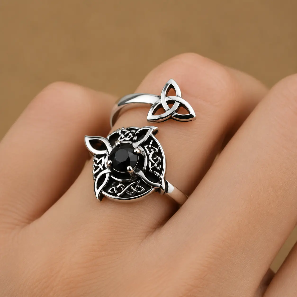 Witch Knot Ring for Women, Goth Crescent Moon Design with a Black Diamond Accent, Adjustable and Tarnish Resistant, Accessories For Women, Rings For Women