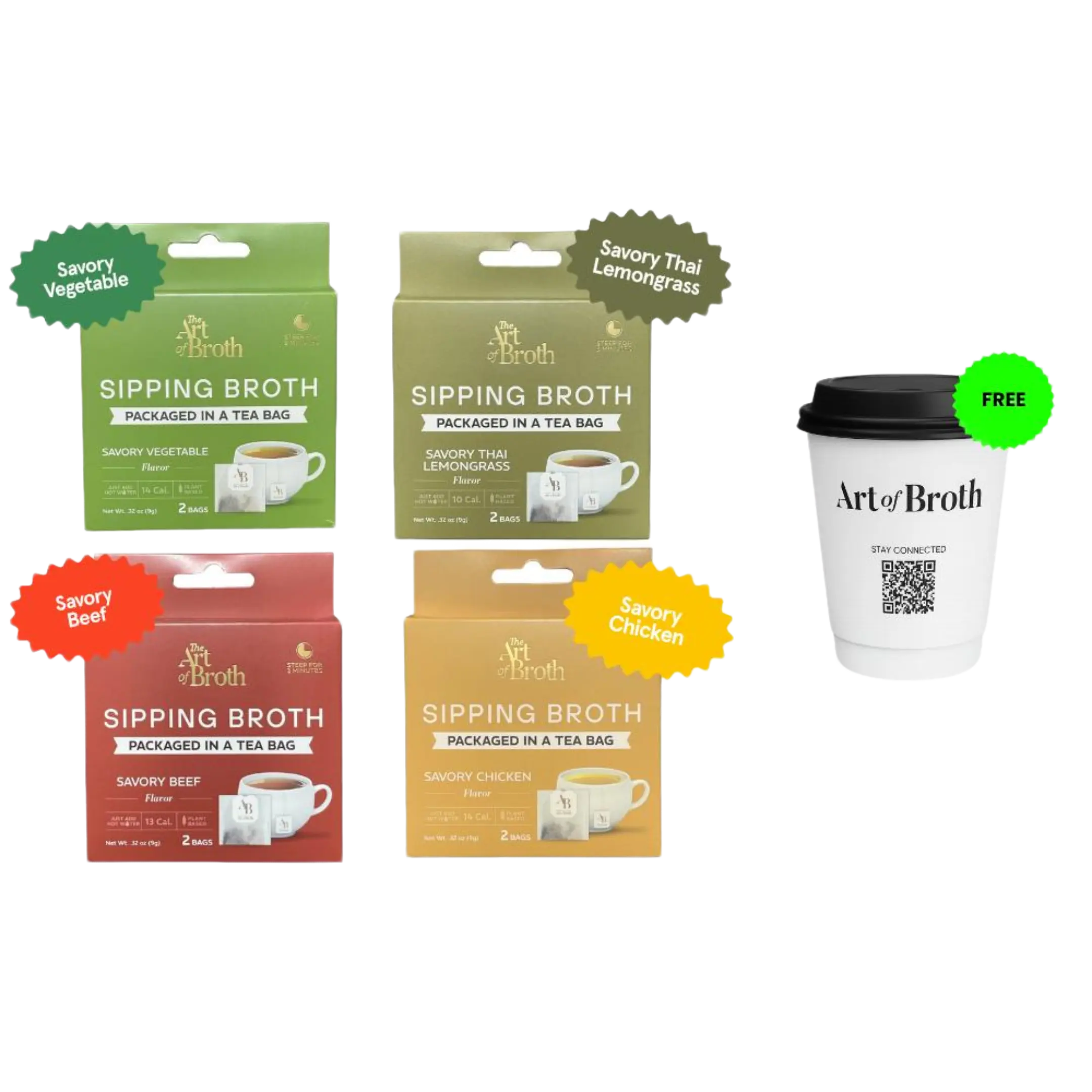 The Art of Broth Sampler Pack | 8 Single-Serve Broth Bags | 4 Flavors | Biodegradable Tea Bag | Chicken Beef Vegetable Thai Lemongrass | Satisfies Hunger | Calming Healthy Snack | Bone Broth Alternative | Plant-Based | No Caffeine | Unparalleled Flavor Fo