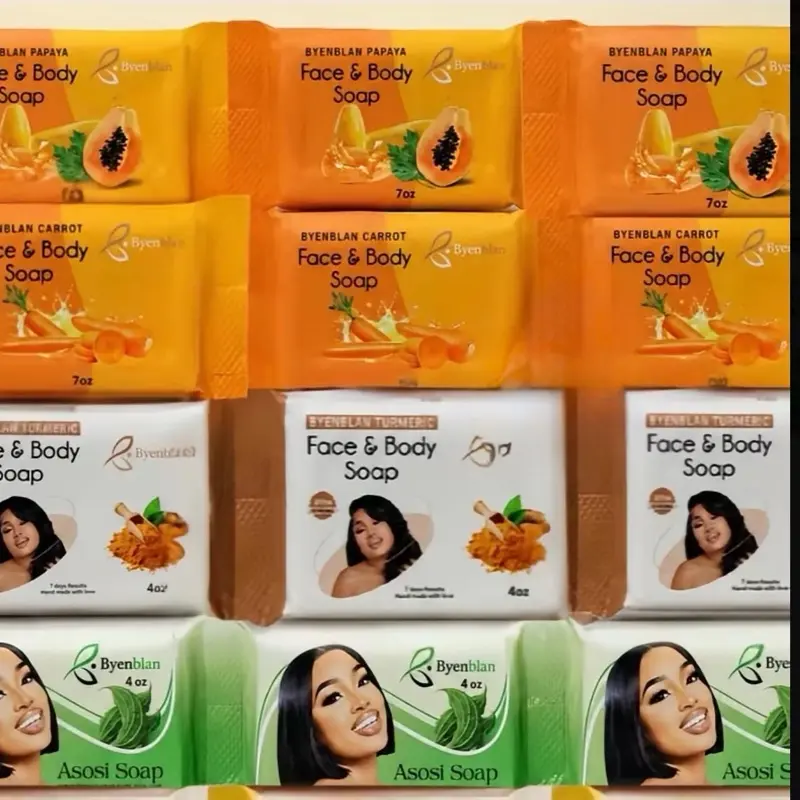 Byen 12 pieces soap mix includes 3 pieces of papaya soaps set, 3 pieces  carrots  soaps, 3- pieces turmeric soap, 3- pieces asosi soap assorted 7oz