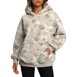 ETCYY Women’s Oversized Camo Fleece Hoodie – Casual Womenswear Camouflage Long Sleeve Sweatshirt with Kangaroo Pocket, Soft Viscose Blend Comfort, Drop Shoulder Crewneck Top, Cozy Maple Floral Print in Khaki for Fall/Winter