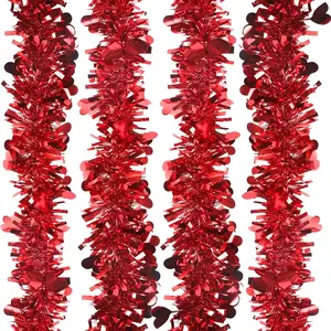 6FT/200cm Valentines Day Garland Valentines Day Decor Red Heart Tinsel Garland Metallic Glitter Hanging Garland Valentines Decorations for Home Mantel Indoor Outdoor Wedding Galentines Party Decor
