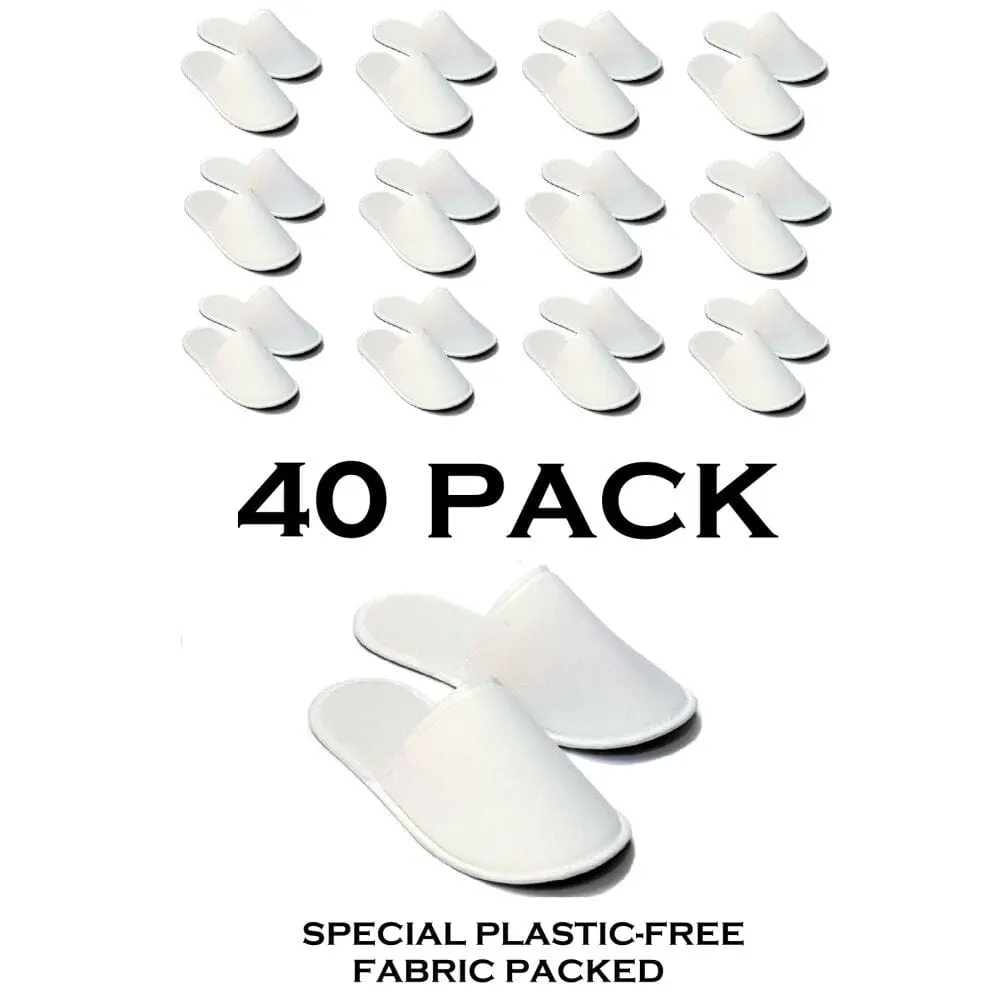 Chochili 40 Pairs Fabric Packed Terry Cotton Disposable Hotel Slippers for Airbnb Spa Wedding Guests Adult Men Women Size 10-11, White