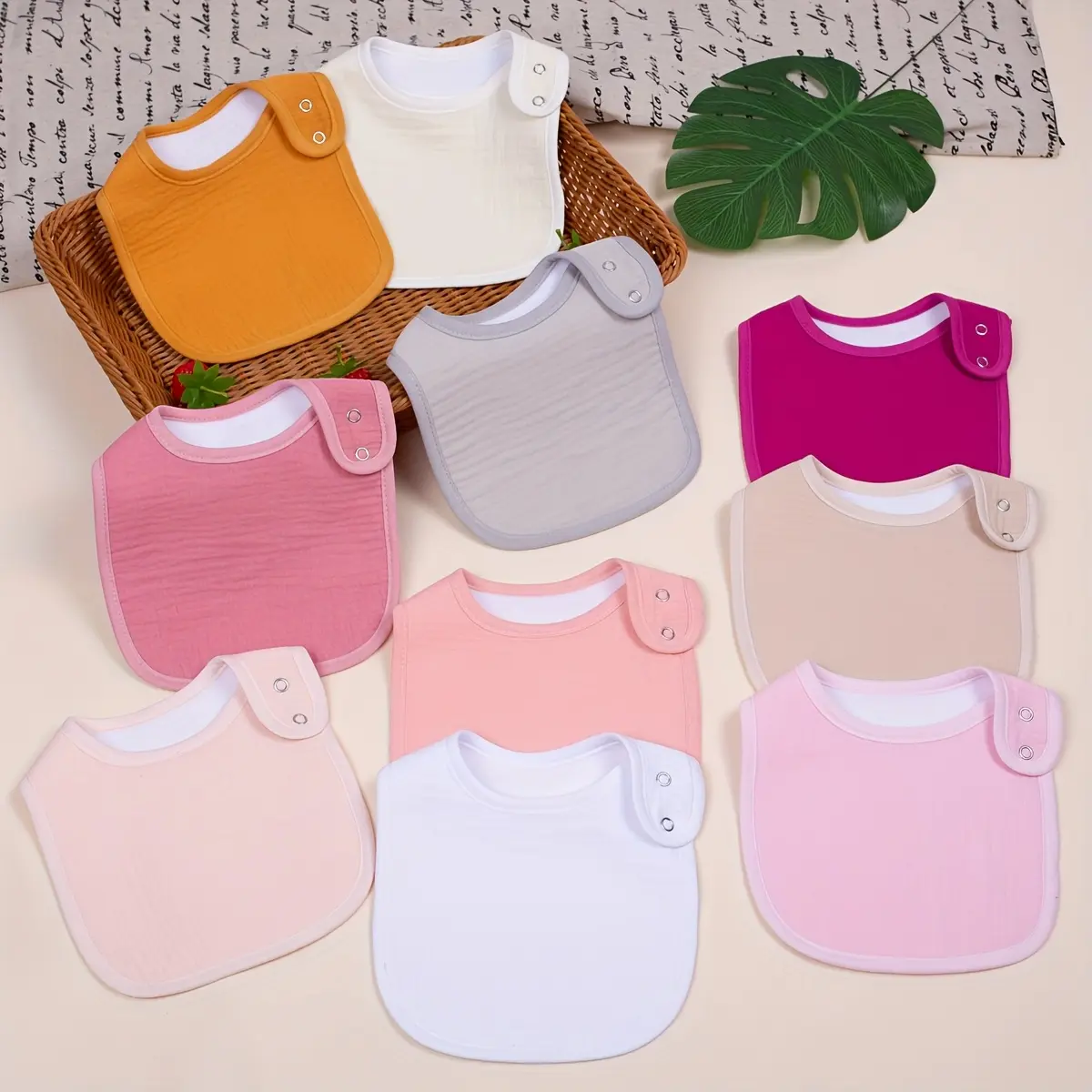10pcs Set Of Pure Gauze Muslin Bibs, Absorbent, Breathable, Soft, Multi-colored, Adjustable Snap Buttons, Suitable For Boys And Girls.