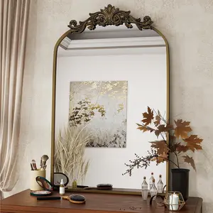 Arched Bathroom Mirror, 26x38 Inch Retro Wall Mounted Vanity Mirror with Carved  Top and Metal Frame, Antique Decorative Mirror for Hanging or Leaning