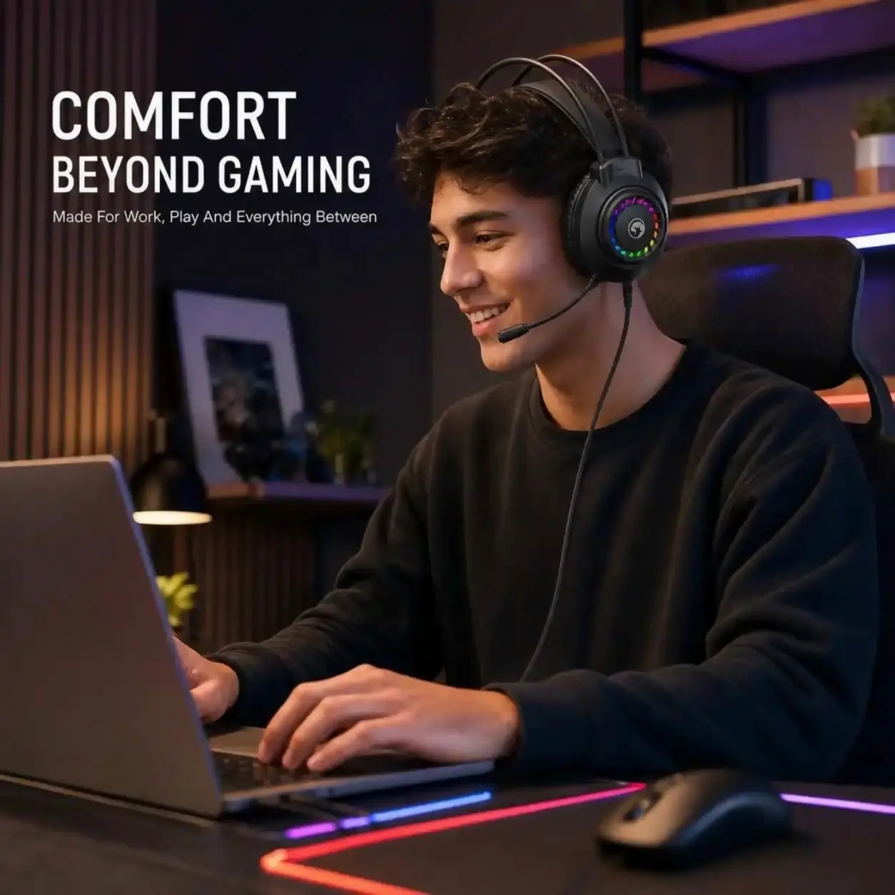 Comfort‑Fit Dual‑beam Gaming Headset, Wired USB‑3.5mm Connector, Wide Frequency Response, Static RGB Decorative Lamp, Omni‑directional Pick‑up Mic, Perfect for Gamer, Youtuber, Remote Worker
