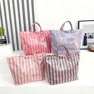 Striped tote bag — high-value, lightweight commuter handbag with large capacity; portable travel shoulder bag; casual, fashionable all-season beach tote; everyday commuting bag; women’s work bag; colorful striped shopping tote