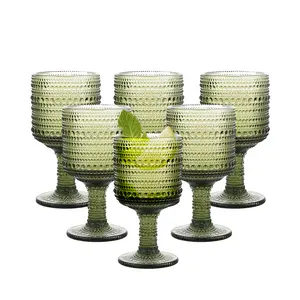 Glasses Drinking Wine Water Goblets Glassware set of 6 Vintage Stem Glasses Stemware 11 Ounces for Wedding Party Bar Twill Pattern Striped 300 ml, Embossed Colored Stemmed Glass Cups,Hobnail Stemware Drinking Glasses,Romantic Beaded Glassware
