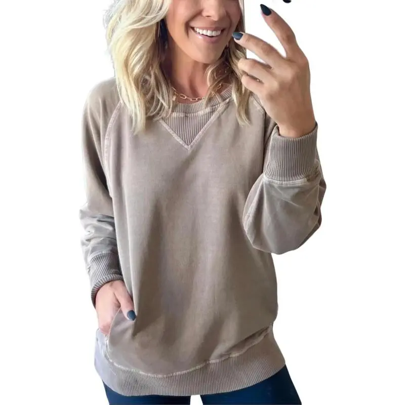 Women's Ribbed Accent Pocketed Pullover,  Sleeve Ribbed Pullover With Pockets