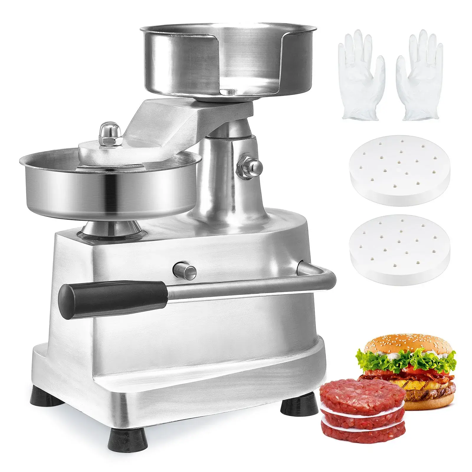 【Summerfinds】VEVOR Commercial Burger Patty Maker,  130mm/5inch Hamburger Beef Patty Maker, Heavy Duty Food-Grade Stainless Steel Bowl Burger Press Machine, Kitchen Meat Forming Processor with 1000 Pcs Patty Papers