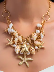 European and American Ocean Style Women's Necklace Bracelet Set Personalized Starfish Shell Set with Pearl Design Neck Chain Jewelry, Seashell Necklace Set