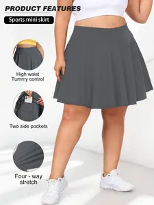 Plus Size High Waist Sport Skirt, Side Pockets Anti-Exposure Design, Breathable Quick-Dry Tennis Yoga Skirt, Elastic Waist Slimming Fitness Pants, Stretchy Skorts