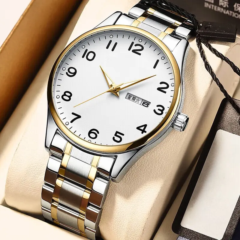 Men's Luxury 2-Tone Gold-Silver Stainless Steel Analog Quartz Watch - Week & Date Display, Waterproof, Business-Casual Daily Wear Collectible Wristwatch