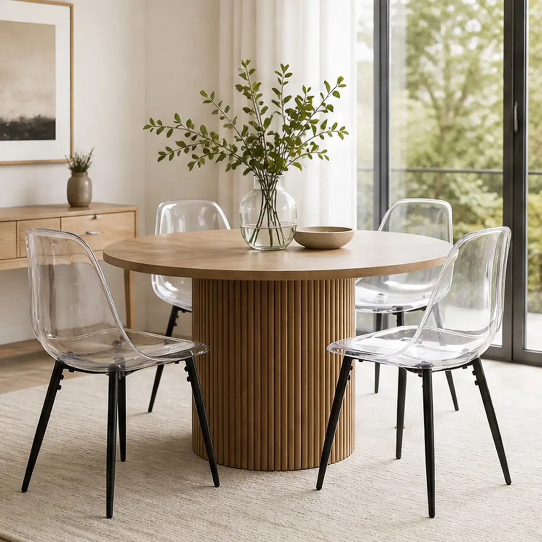 Set of 4 Modern Dining Chairs with Clear Shell and Black Metal Legs, Transparent Acrylic Design Kitchen Chairs for Dining Room, Living Room, Home Office, Easy Assembly, 4-Pack, Black/Matte White Color Options, Metal/Plastic Material