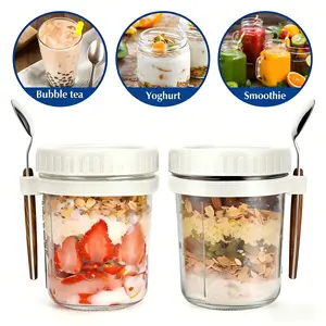 Overnight Oatmeal Jar with Spoon and Lid, 16oz (2 Pack), Sealed Glass Container, Portable Grain Food Jar, Detachable Dividers