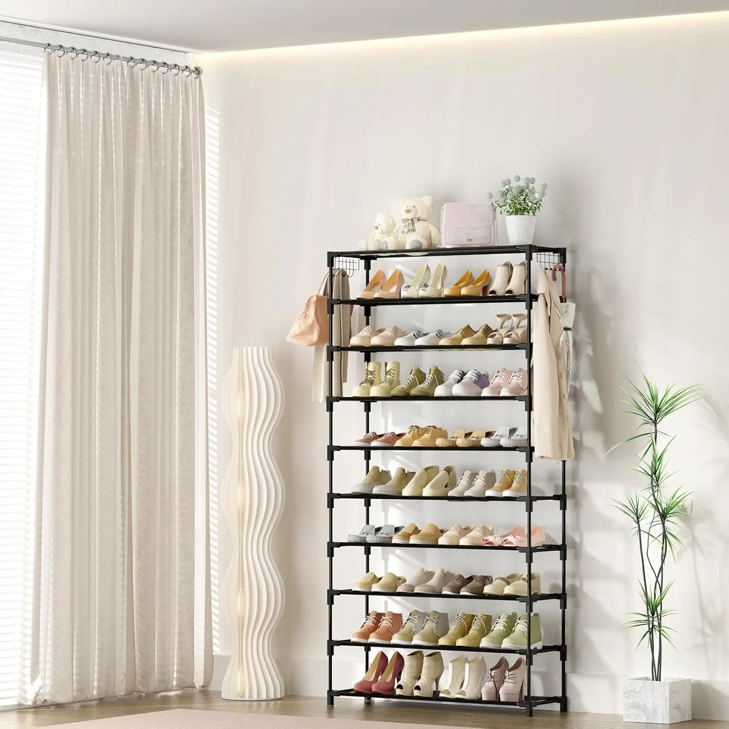 Black 10-Tier Metal Shoe Rack Organizer, 50-Pair Large Capacity Tall Shoe Storage with 2 Hooks, Space-Saving Wide Indoor Furniture for Closet, Entryway
