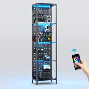 Glass Display Shelf for Collectibles, LED Black Shelf, Curio Cabinet, Lighted Tall Narrow Shelf with Pegboard Steel Frame for Gaming Room, Floor Lamp with Shelves, Living Room, Bedroom, Small | for Collectibles, LED, Lighted, for Gaming Room, Living Room