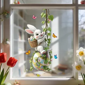 Easter Bunny Swing Egg Static Transparent Glass Film, Waterproof Removable PVC, Festival Decor for Home Shop Outdoor Party