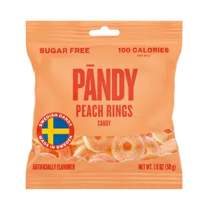 PANDY Sugar-Free Peach Rings 1.8oz Bag, BEST BY: June 2026