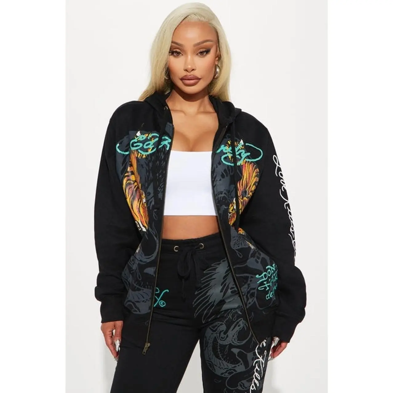 Women's Ed Hardy Cotton Graphic Crawling Tigers Zip-Front Hoodie Sweatshirt, Black Garment, Size M