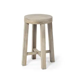 HomeRoots 4-Legged Bar Stool - Elegant, Gray Whitewash Round Wooden Indoor Furniture Lounge Stool