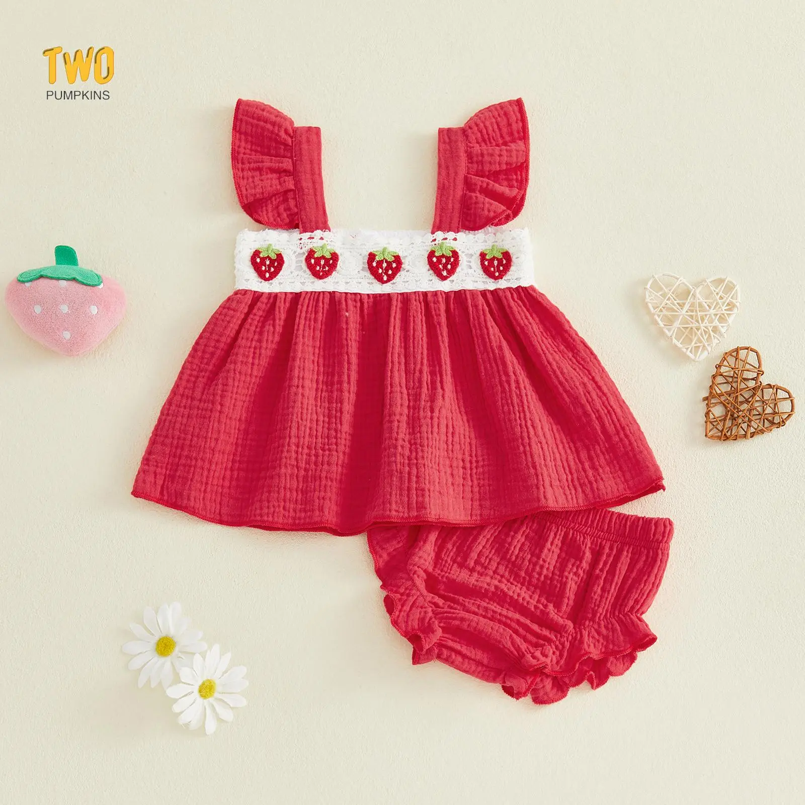 Baby Girls Summer Cute Strawberry Embroidery Outfits Flutter Sleeves Tank Tops And Elastic Ruffles Shorts Set Cute Clothes