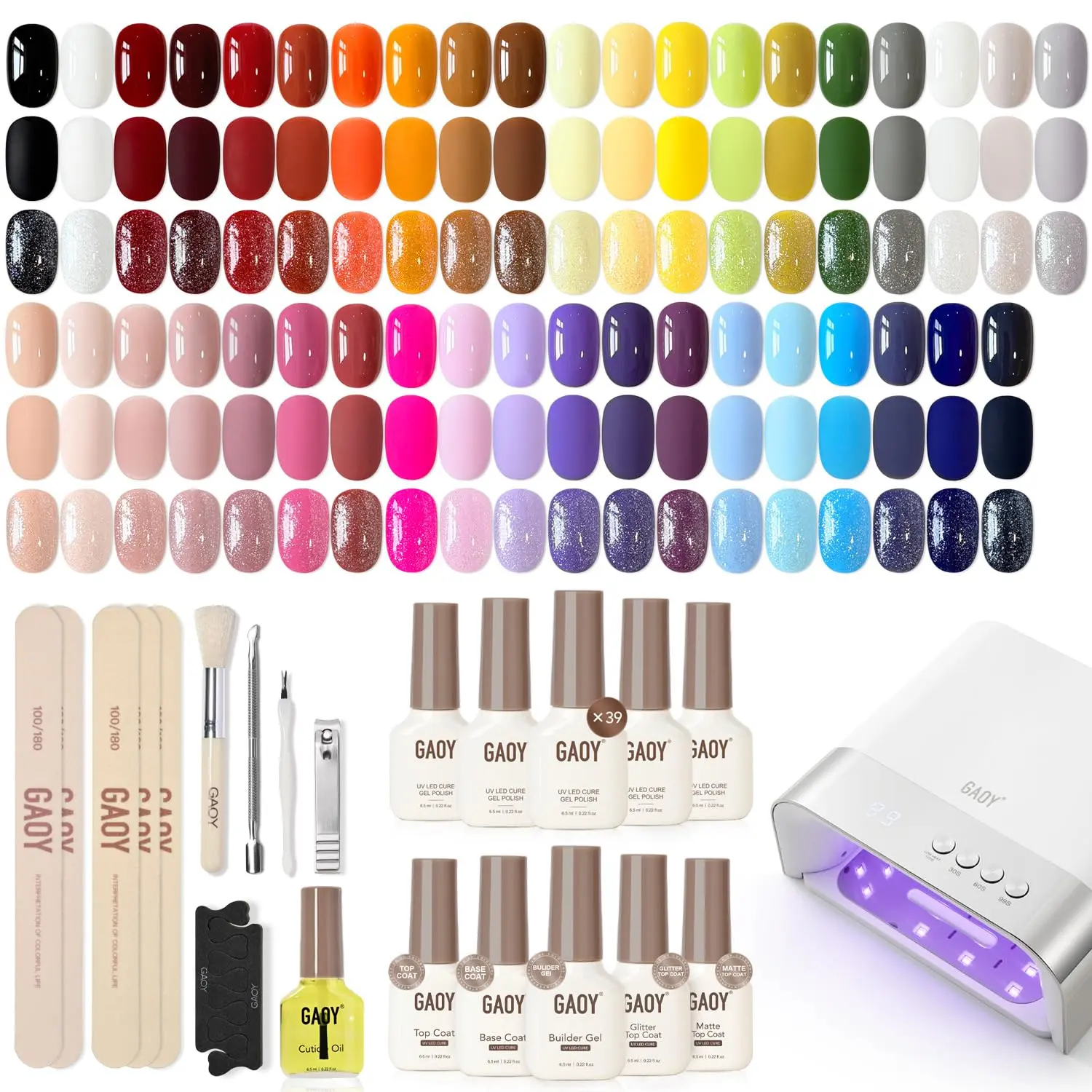 GAOY 45Pcs Gel Nail Polish Set, 39 All Seasons Rainbow Nude Colors, UV Gel | With UV Light, Base Coat, Glossy, Matte & Glitter Top Coats, Builder Gel, Cuticle Oil & Accessories, DIY Manicure at Home