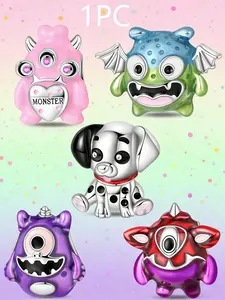 Cute Monster & Dalmatian Charm Set, & Silver Color Beads, Playful Creature Jewelry for Pandora Bracelet