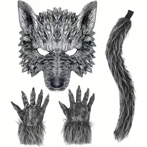 Wolf Costume Christmas Attire - Includes a wolf head mask, wolf tail, and claw-shaped gloves, perfect for realistic wolf role-playing. Suitable for Christmas costumes, party gatherings, and cosplay outfits.