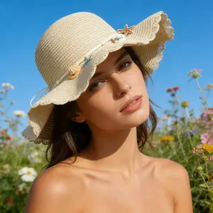 Premium Natural Straw Sun Hat with Seashell & Starfish Band – Wide Scalloped Brim for Maximum UV Coverage, Breathable Woven Texture, Durable Design Perfect for All Outdoor Summer Activities