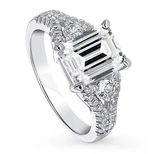 BERRICLE Sterling Silver 3-Stone Engagement Rings Split Shank Ring for Women, 2.6 Carat Emerald Cut Cubic Zirconia CZ