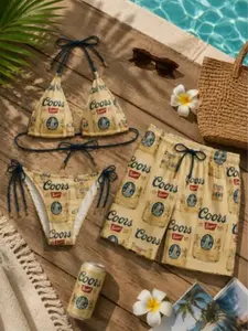 Coors Banquet Bikini Set with Beach Shorts, Patriotic Beer Lover Swimsuit, Summer Vacation Outfit, Pool Party Beachwear