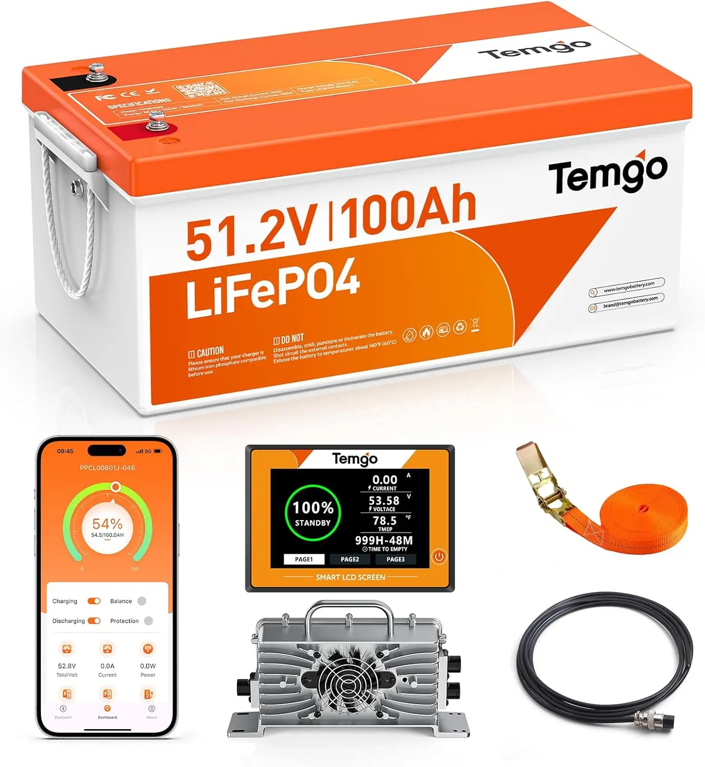 TEMGO 48V (51.2V) 100Ah LiFePO4 Lithium Golf Cart Battery, Complete Upgrade Kit with Charger, LCD Display & App, Built-in 200A BMS, Max 10.24kW Power Output