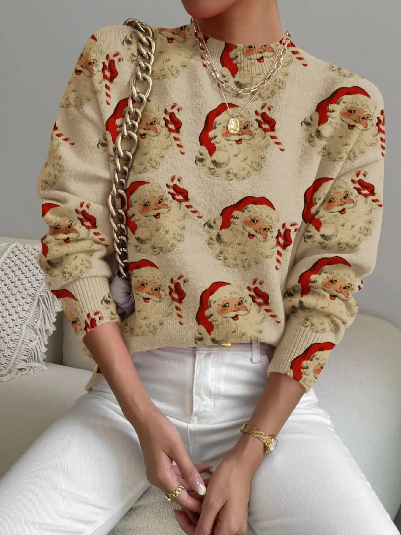 Women's Christmas Print Stand Collar Sweater, Fall Winter Casual Long Sleeve Knitwear, Comfortable Warm Daily Wear