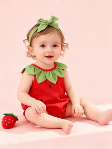 Baby Summer Sleeveless Strawberry Romper, Cute Leaf Collar Onesie, Adorable Fruit Style Full Moon Hundred Days Photo Clothes, Baby Girl Clothes