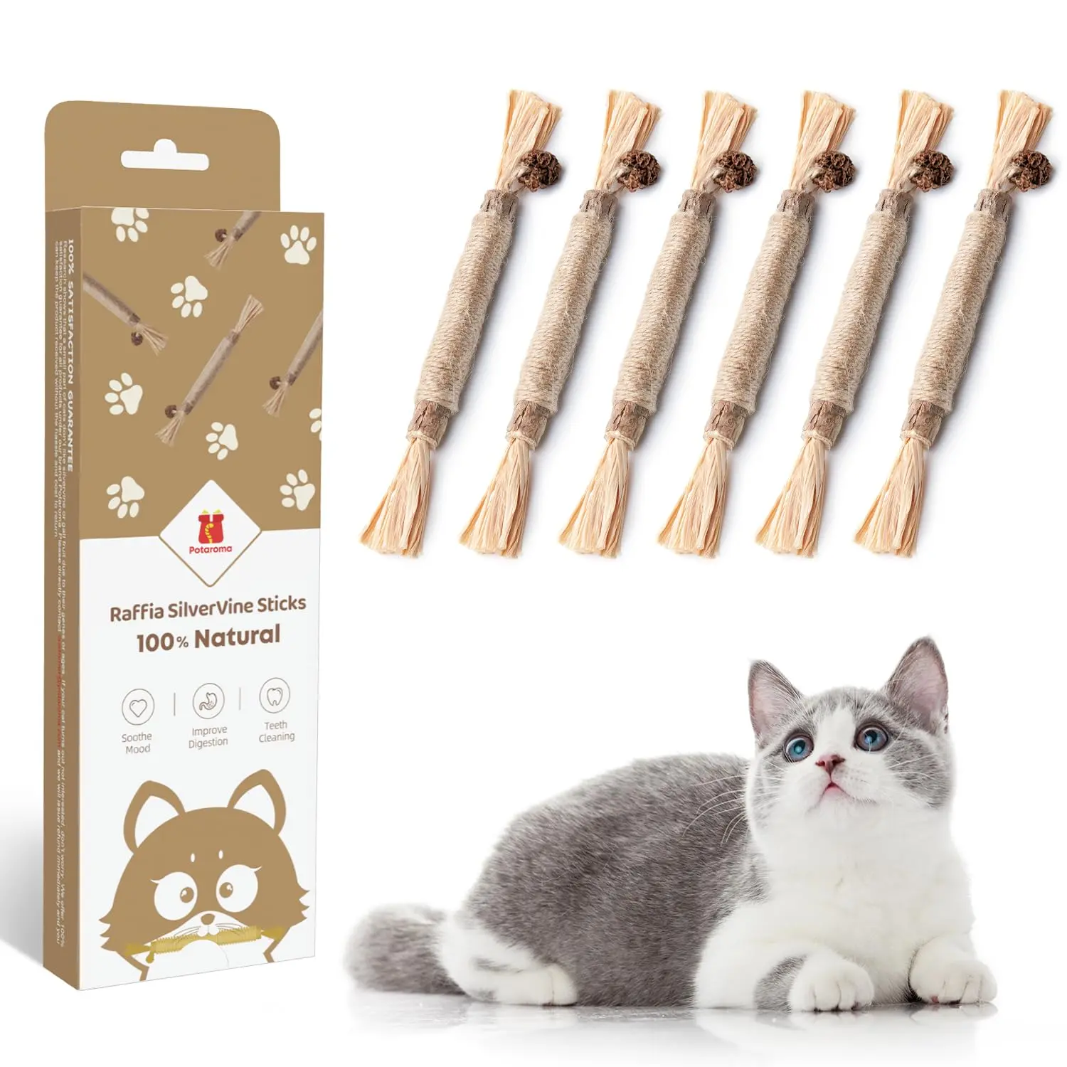 Potaroma 6 Pcs Natural Silvervine Sticks Cat Toys, Catmint Silvervine Blend Dental Sticks, Kittens Chew Toys for Teeth Cleaning, Matatabi Dental Care Cat Treat, Edible Kitty Lick Toys #SummerVibes #petlovers