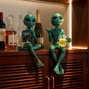2pcs of Green Alien Drinking Resin Collectible Figurines, Paired with Red Wine and Beer Whimsical Decorations in Space-themed Style, Decorative Figurines