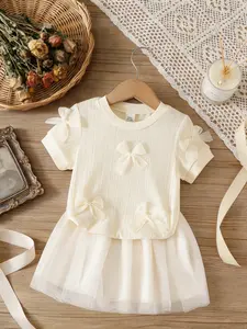 2-Piece Set for Baby Girls, Soft Apricot Knit Short Sleeve Top with Bow Accents, Matching Tulle Skirt for Summer Playtime, Natural Waist Fit