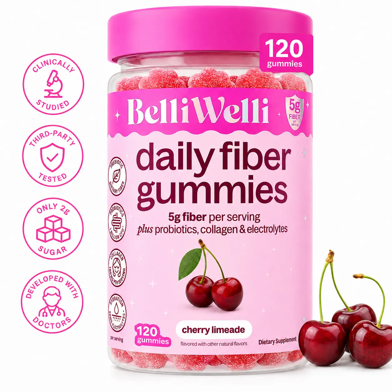 BelliWelli Daily Fiber Cherry Gummies 120ct - 5g Fiber per Serving with Probiotics & Collagen for Digestion Regularity & Constipation Support Digestive Wellness Dietary Supplement Collagen