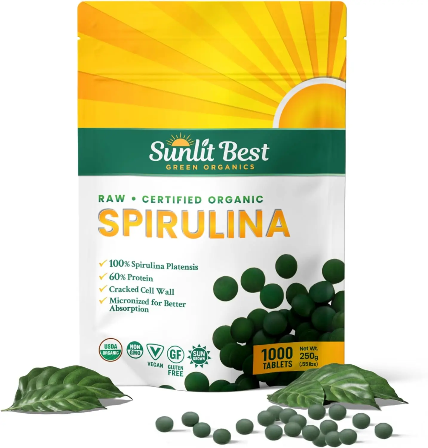 Sunlit Best Organic Spirulina 1,000 Tablets - Natural Super Greens Supplement Chlorophyll, Vegan & High Protein Non GMO Healthcare Dietary